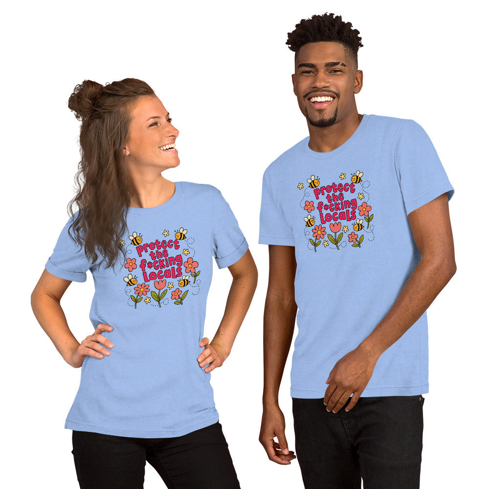 Protect The Locals Fcking Bee Inspired T-Shirt by Spinsterly Co in Heather Columbia Blue with printed bee graphic