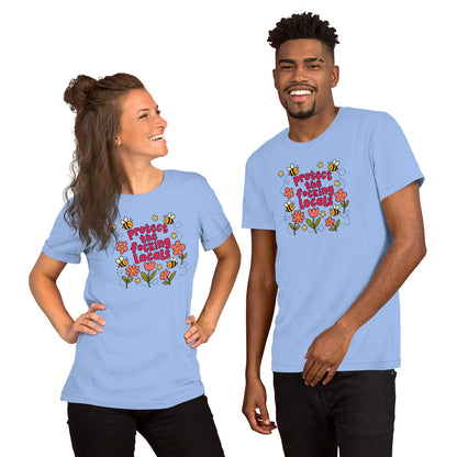 Protect The Locals Fcking Bee Inspired T-Shirt by Spinsterly Co in Heather Columbia Blue with printed bee graphic
