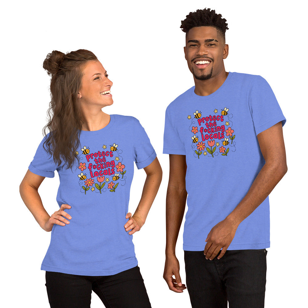 Protect The Locals Fcking Bee Inspired T-Shirt by Spinsterly Co in Heather True Royal with printed bee graphic