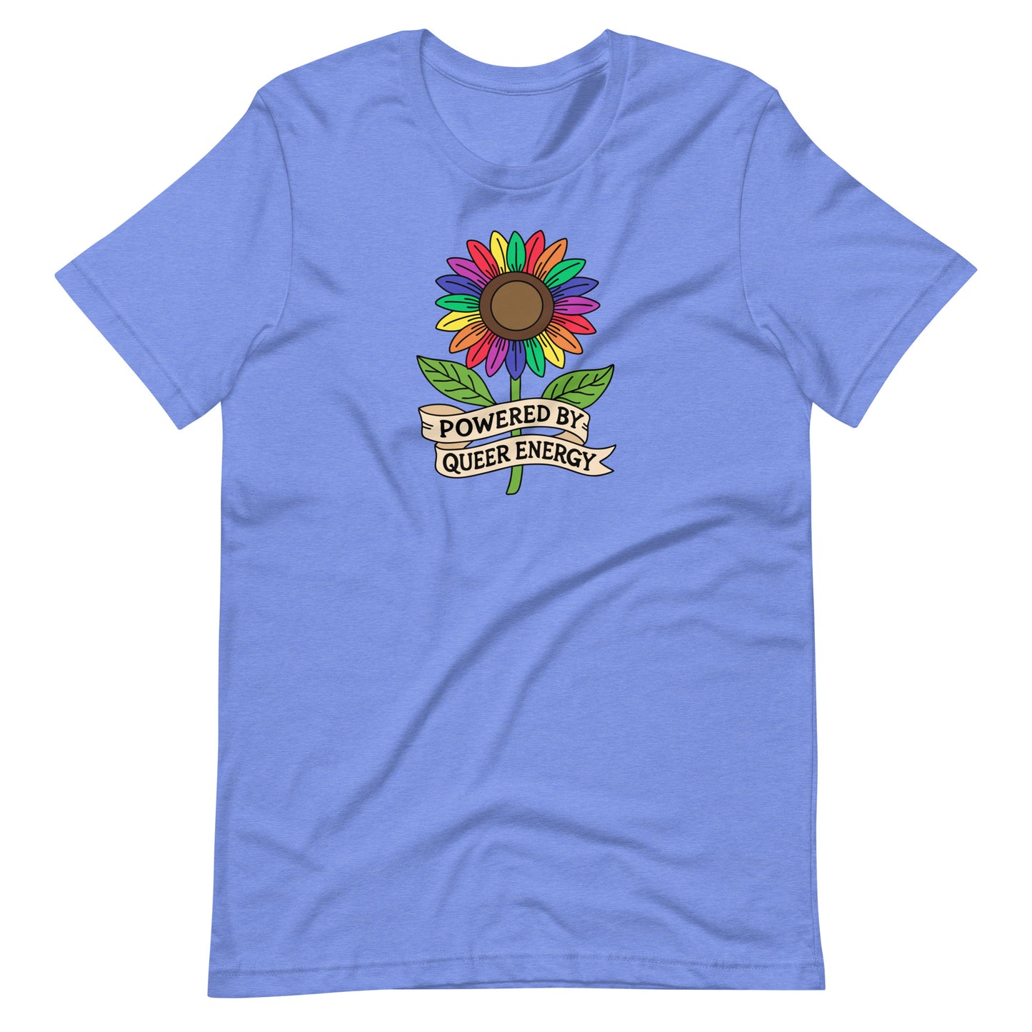 Blue t-shirt with a colorful sunflower graphic and 'Powered by Queer Energy' text on a white background