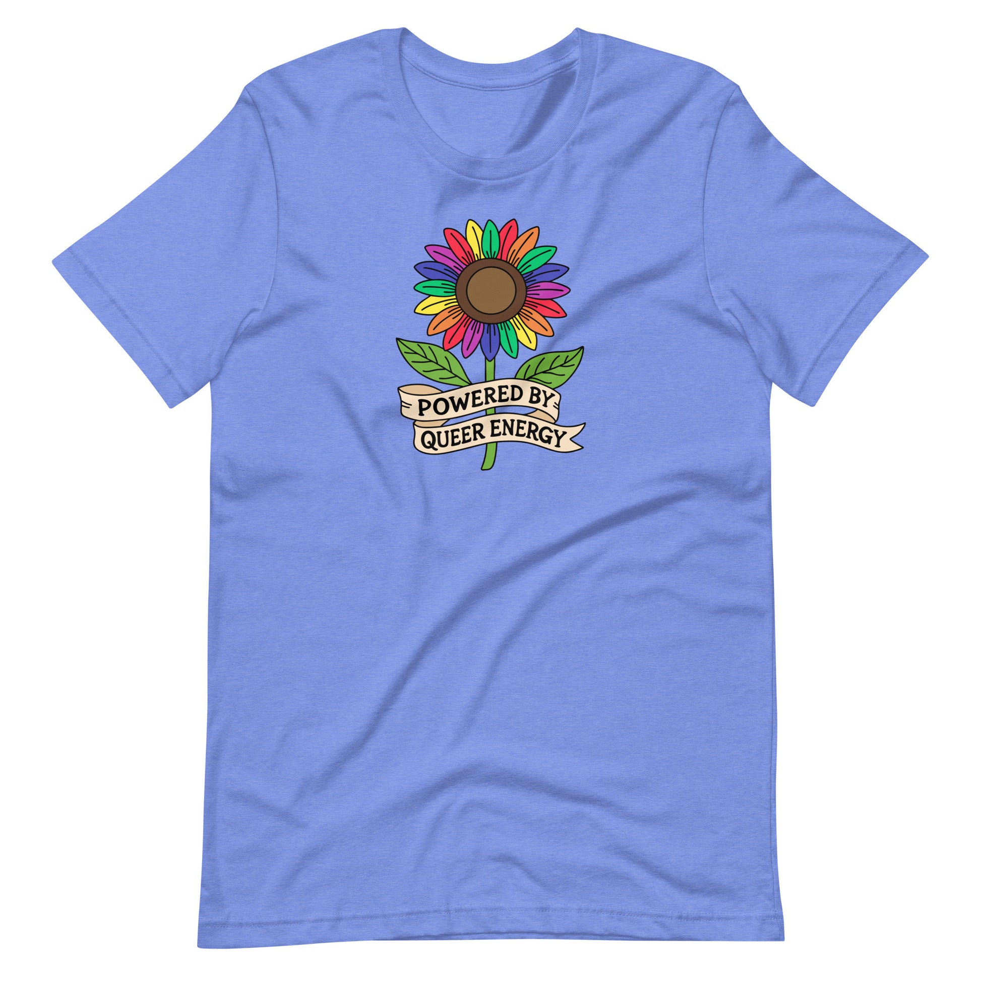 Blue t-shirt with a colorful sunflower graphic and 'Powered by Queer Energy' text on a white background