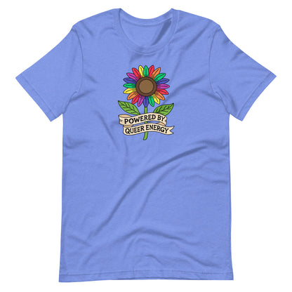Blue t-shirt with a colorful sunflower graphic and 'Powered by Queer Energy' text on a white background