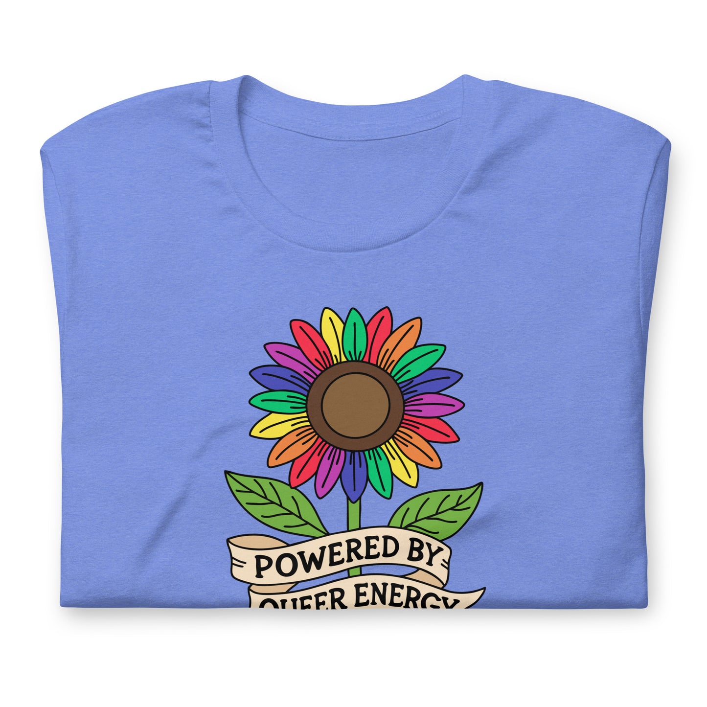 A folded light blue t-shirt with a colorful rainbow sunflower graphic and a banner underneath that reads 'POWERED BY QUEER ENERGY'.
