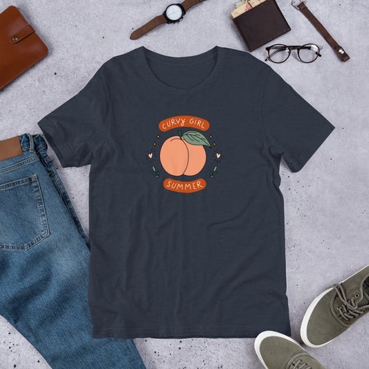 Curvy Girl Summer Unisex T-Shirt by Spinsterly Co in Heather Navy with Curvy Girl Summer peach graphic