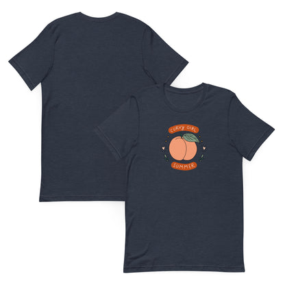 Curvy Girl Summer Unisex T-Shirt by Spinsterly Co, heather navy graphic tee with peach summer print