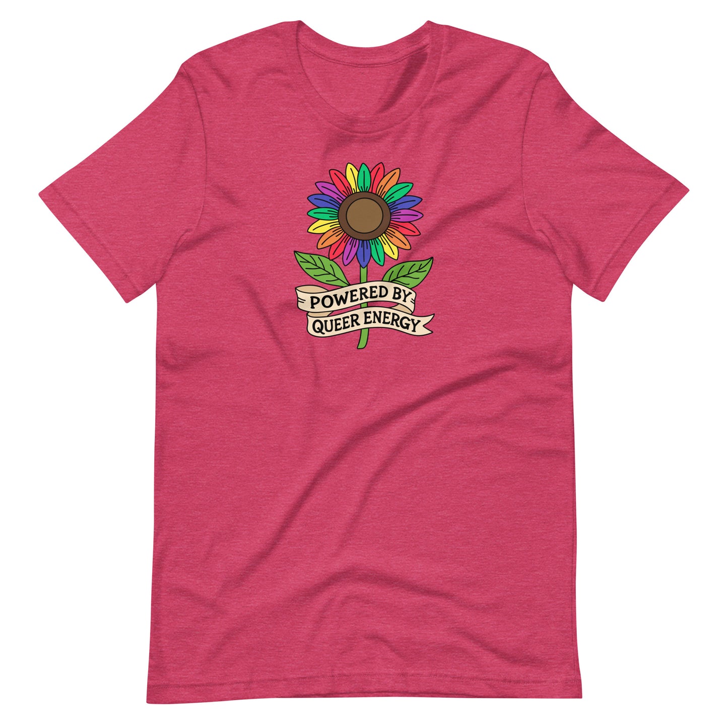 Pink-shirt with a colorful sunflower graphic and 'Powered by Queer Energy' text on a white background