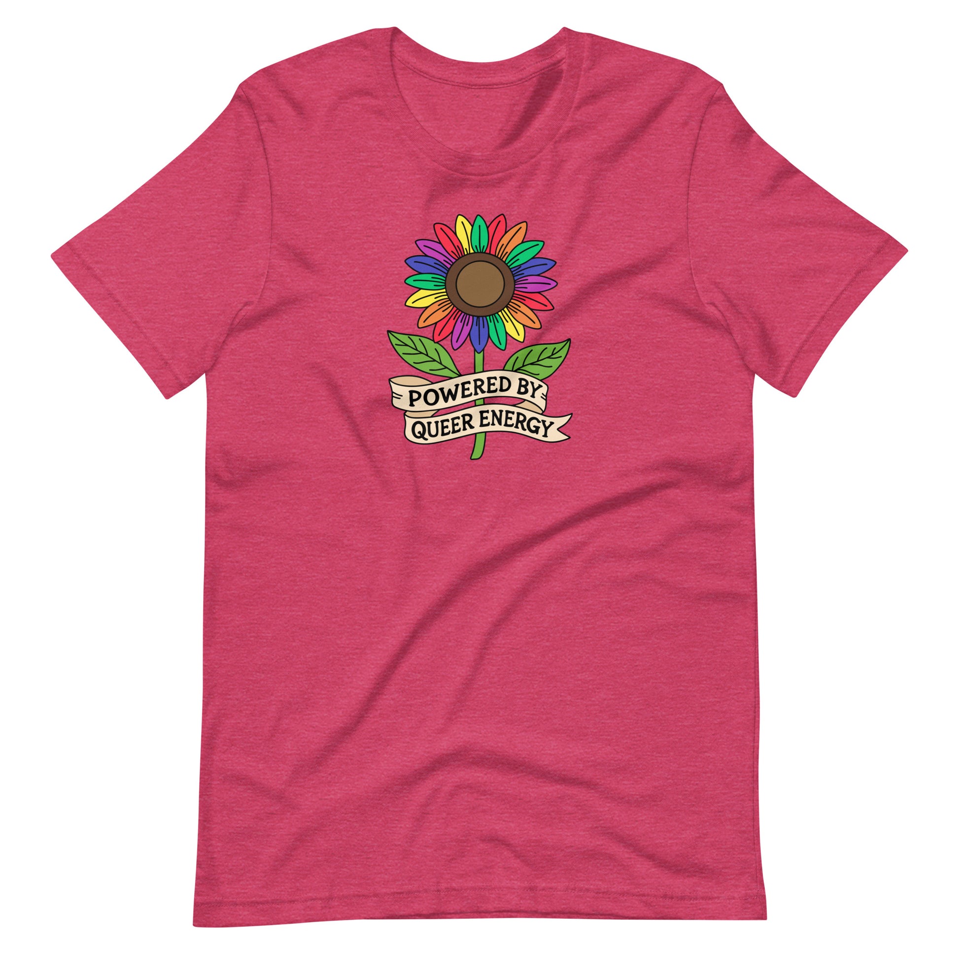 Pink-shirt with a colorful sunflower graphic and 'Powered by Queer Energy' text on a white background