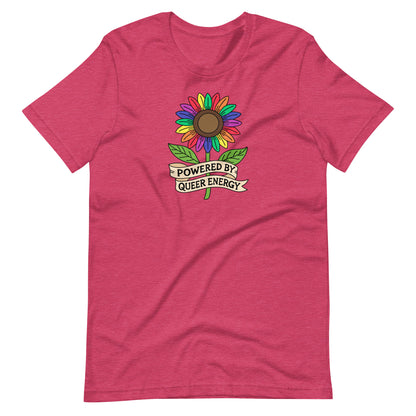 Pink-shirt with a colorful sunflower graphic and 'Powered by Queer Energy' text on a white background