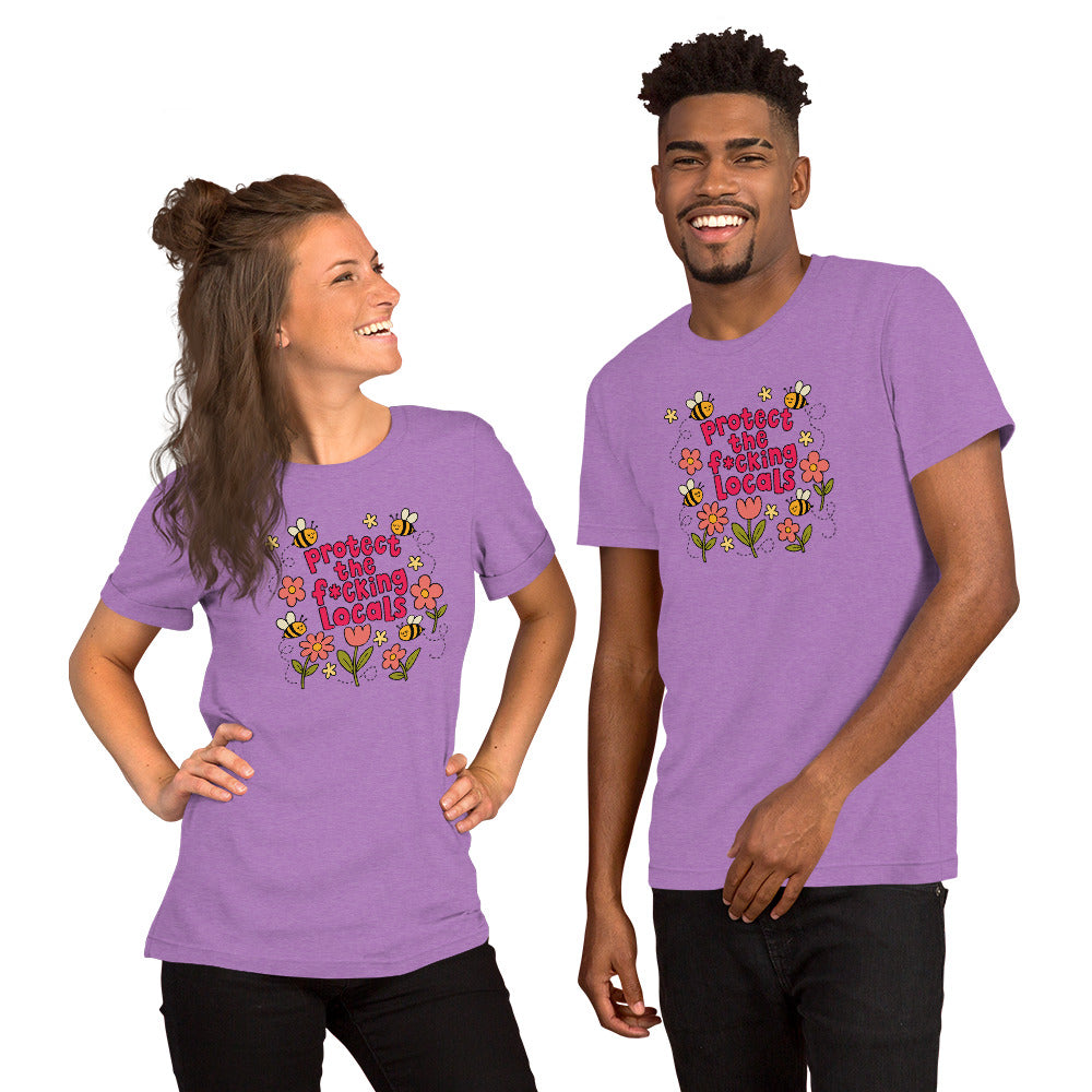 Protect The Locals Fcking Bee Inspired T-Shirt by Spinsterly Co, Heather Team Purple unisex graphic tee
