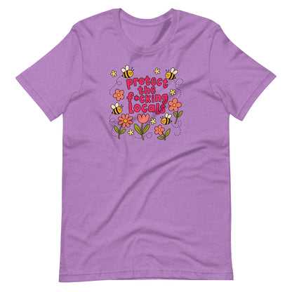 Protect The Locals Fcking Bee Inspired T-Shirt by Spinsterly Co, Heather Team Purple printed graphic tee