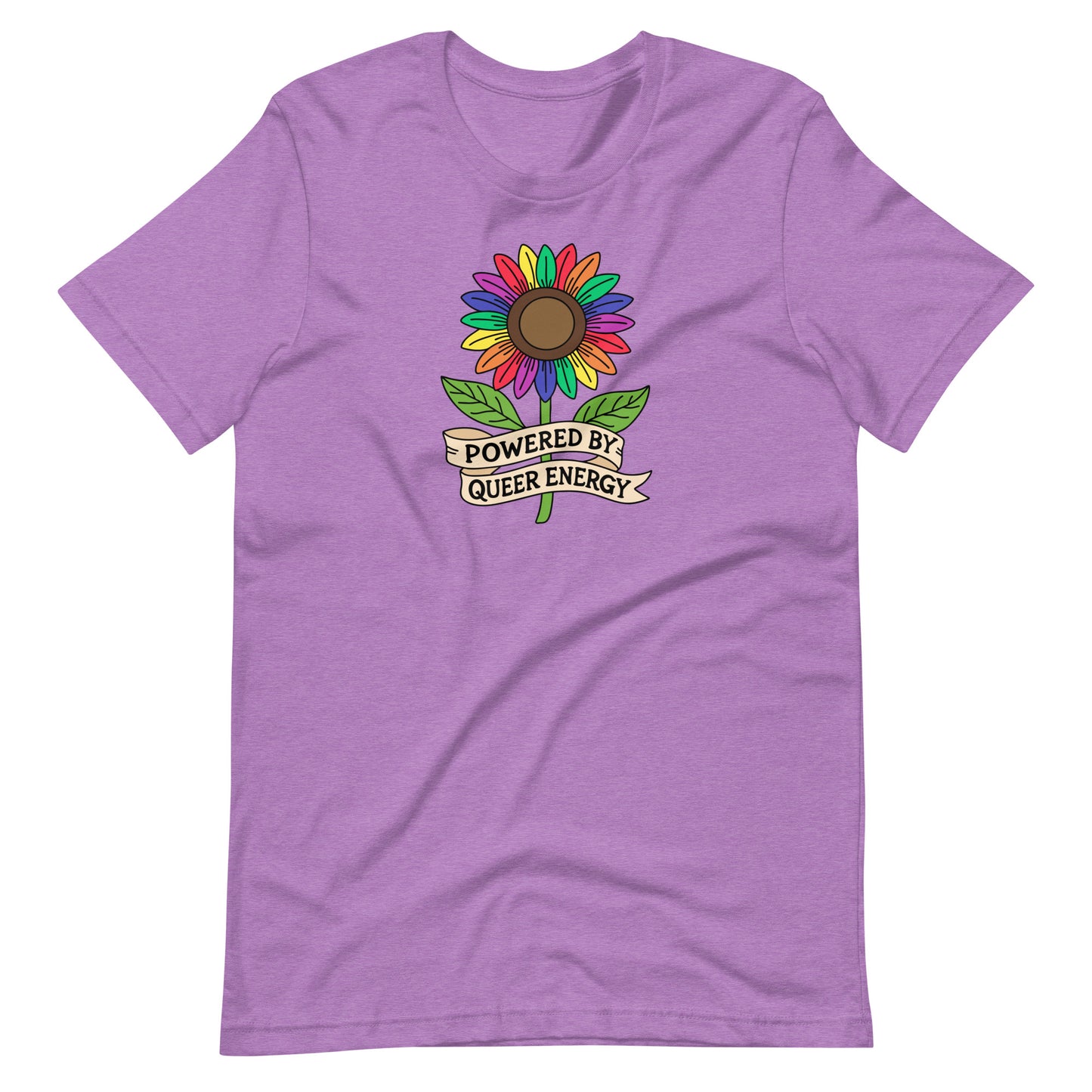 Purple-shirt with a colorful sunflower graphic and 'Powered by Queer Energy' text on a white background