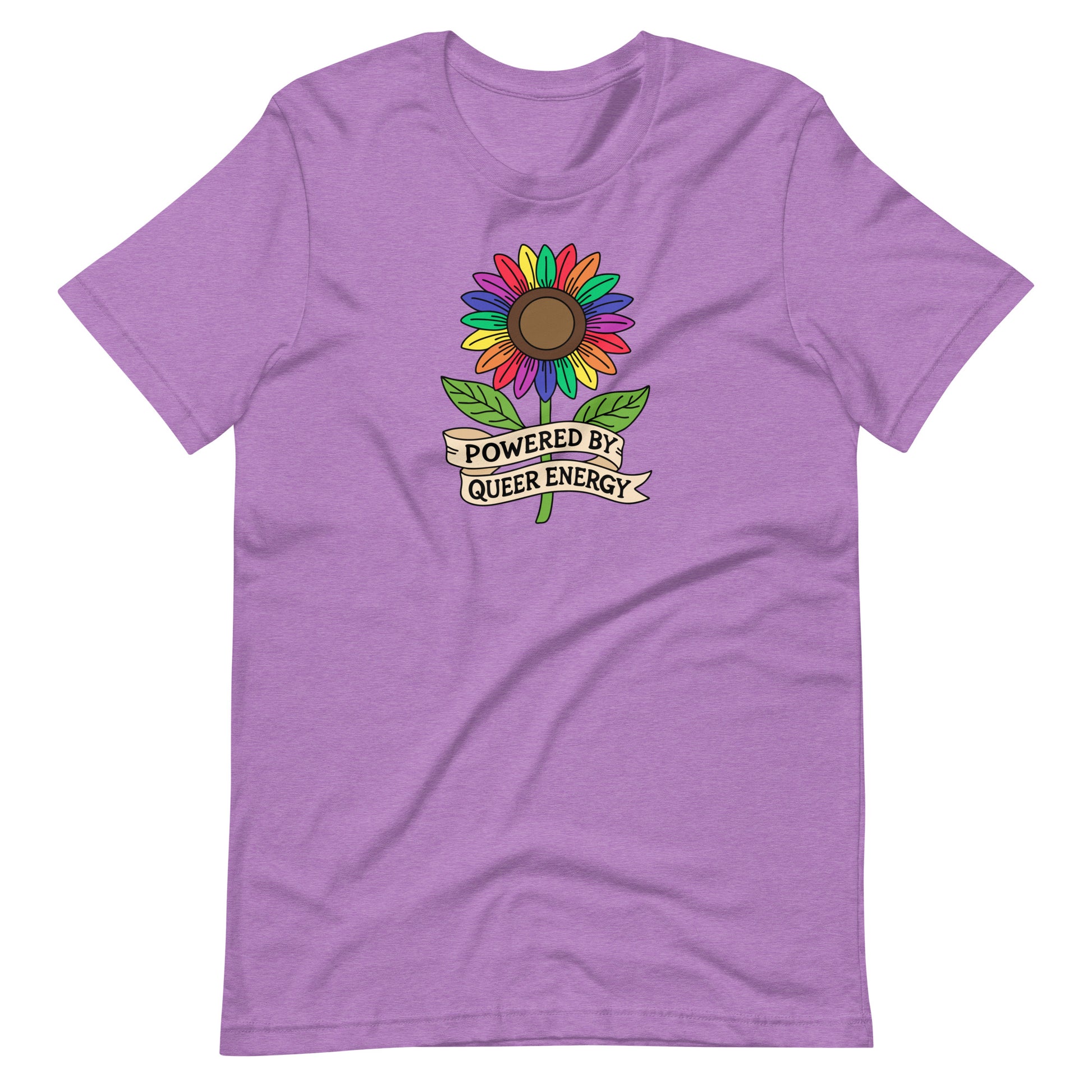 Purple-shirt with a colorful sunflower graphic and 'Powered by Queer Energy' text on a white background