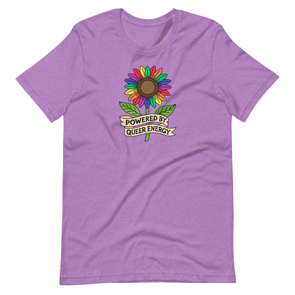 Purple-shirt with a colorful sunflower graphic and 'Powered by Queer Energy' text on a white background