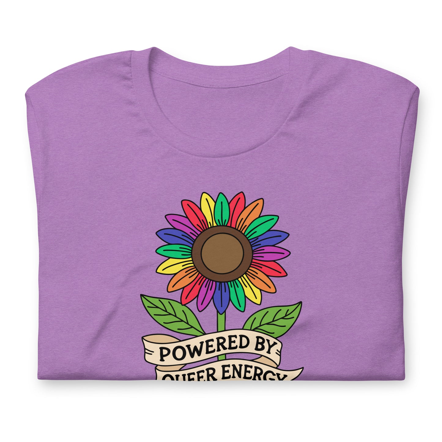 A folded purple t-shirt with a colorful rainbow sunflower graphic and a banner underneath that reads 'POWERED BY QUEER ENERGY'.