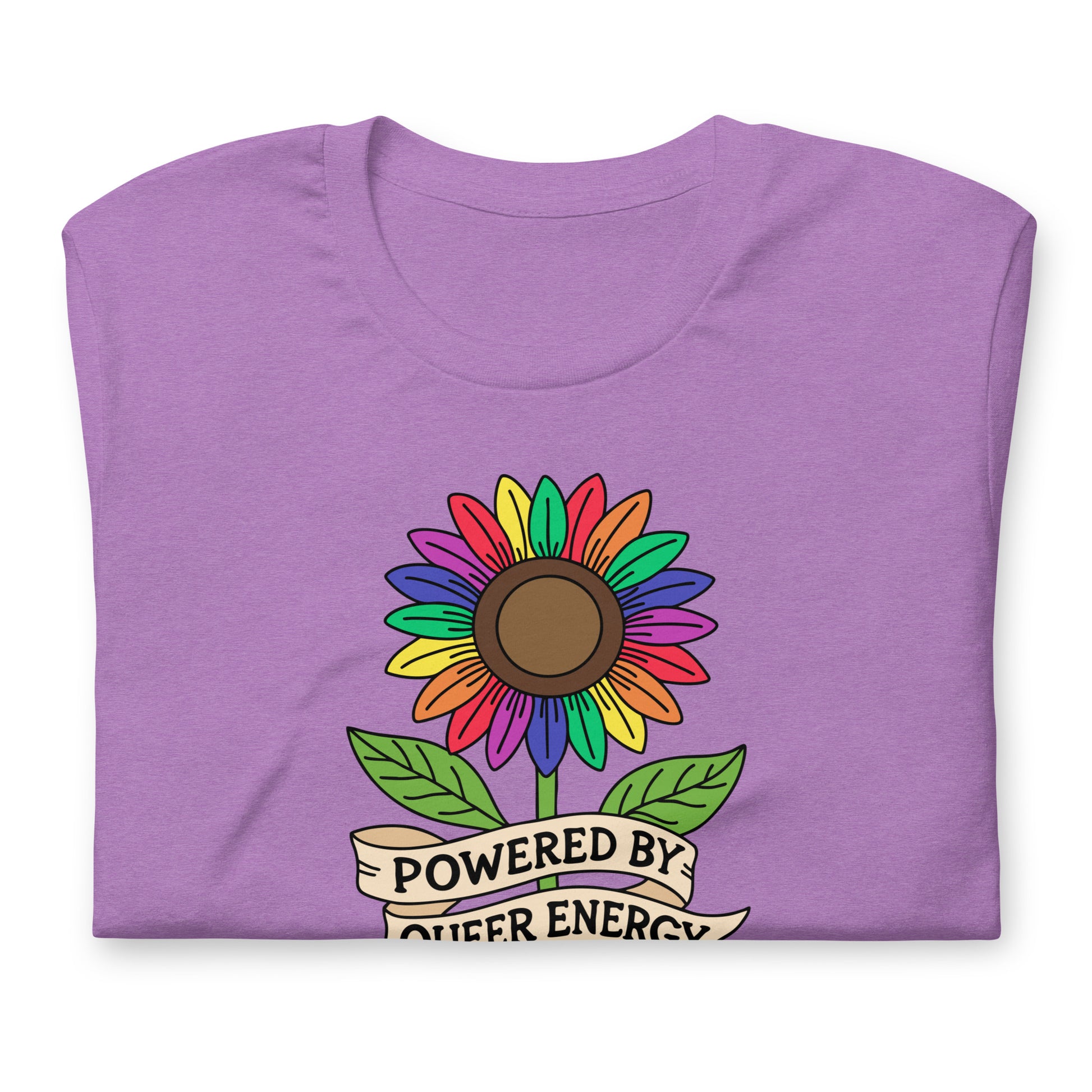 A folded purple t-shirt with a colorful rainbow sunflower graphic and a banner underneath that reads 'POWERED BY QUEER ENERGY'.