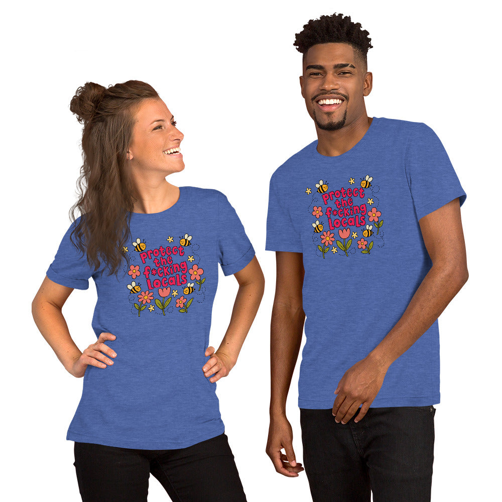 Protect The Locals Fcking Bee Inspired T-Shirt by Spinsterly Co in Heather True Royal with printed bee graphic