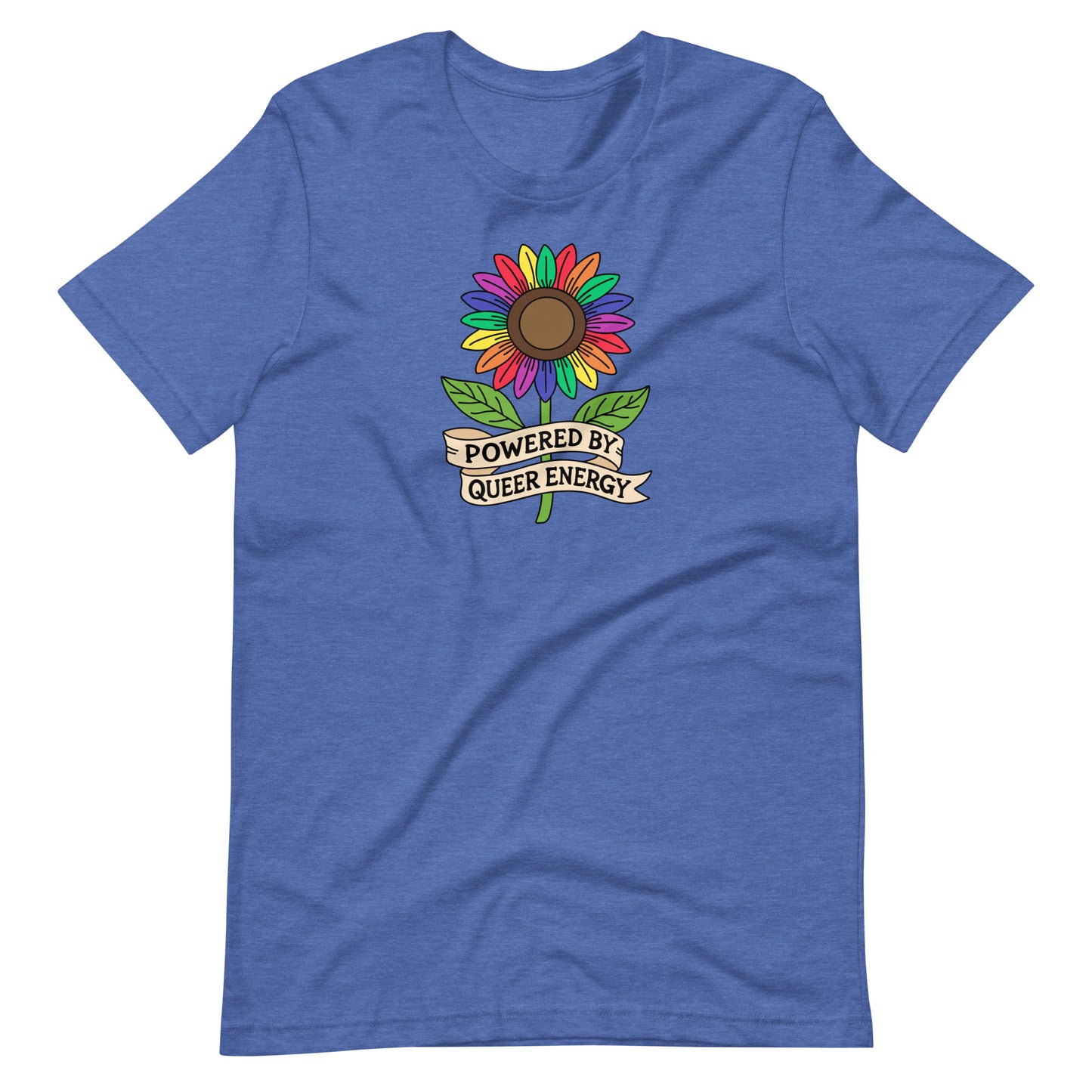 Blue t-shirt with a colorful sunflower graphic and text 'Powered by Queer Energy' on a white background