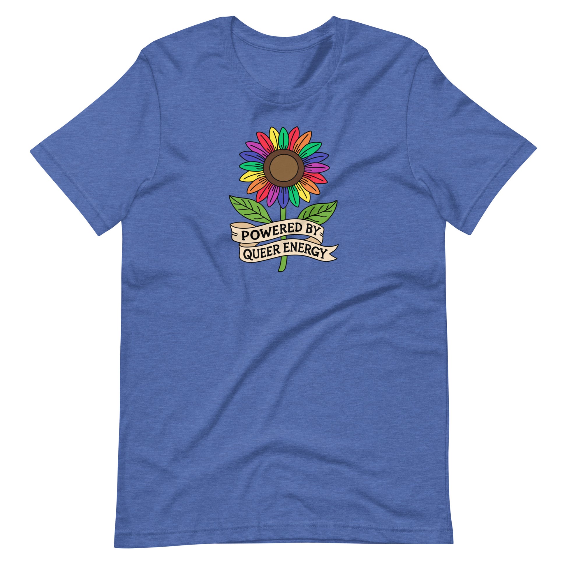 Blue t-shirt with a colorful sunflower graphic and text 'Powered by Queer Energy' on a white background