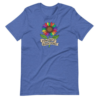 Blue t-shirt with a colorful sunflower graphic and text 'Powered by Queer Energy' on a white background