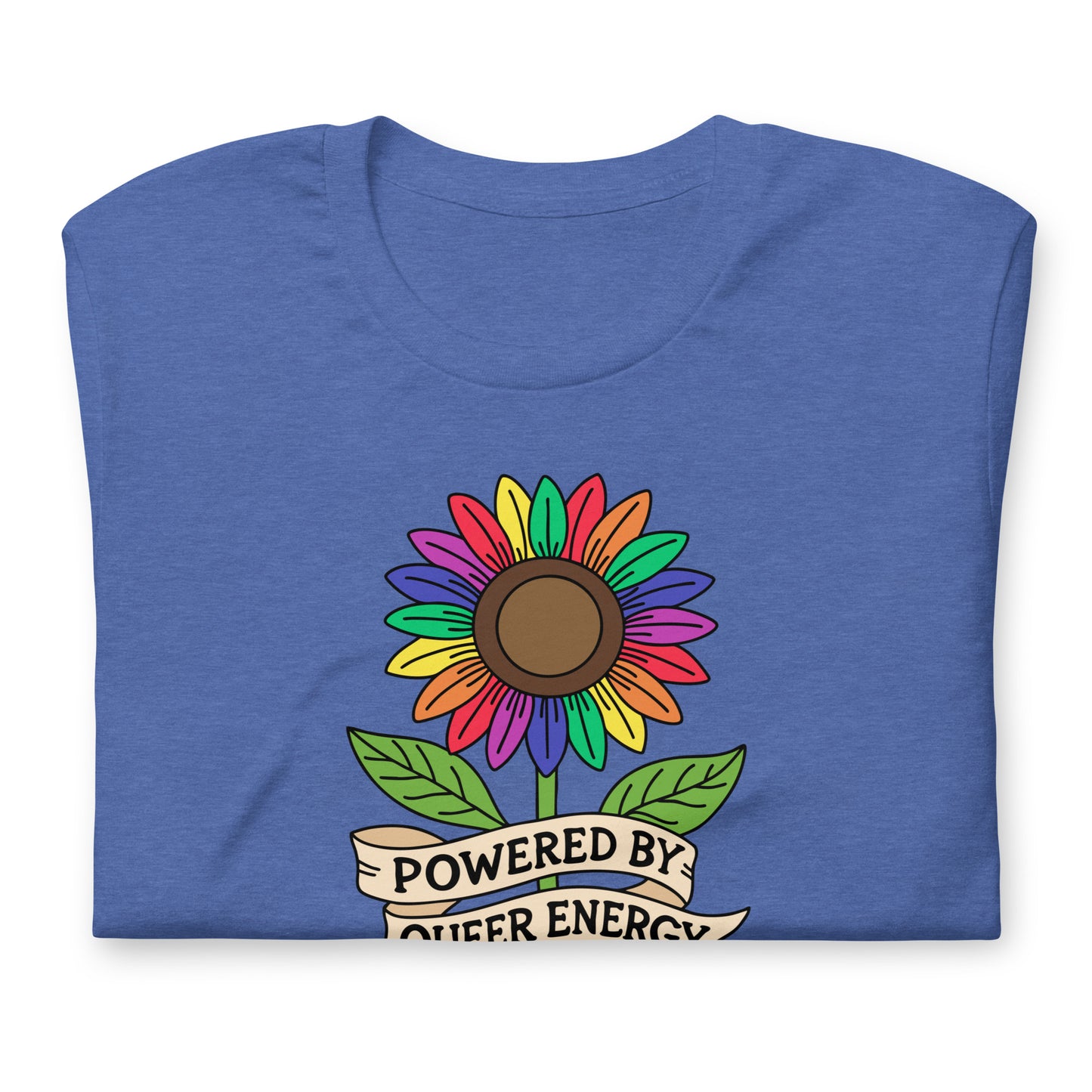 A folded heather blue t-shirt featuring a colorful rainbow sunflower graphic with green leaves and a cream banner that reads 'POWERED BY QUEER ENERGY'.