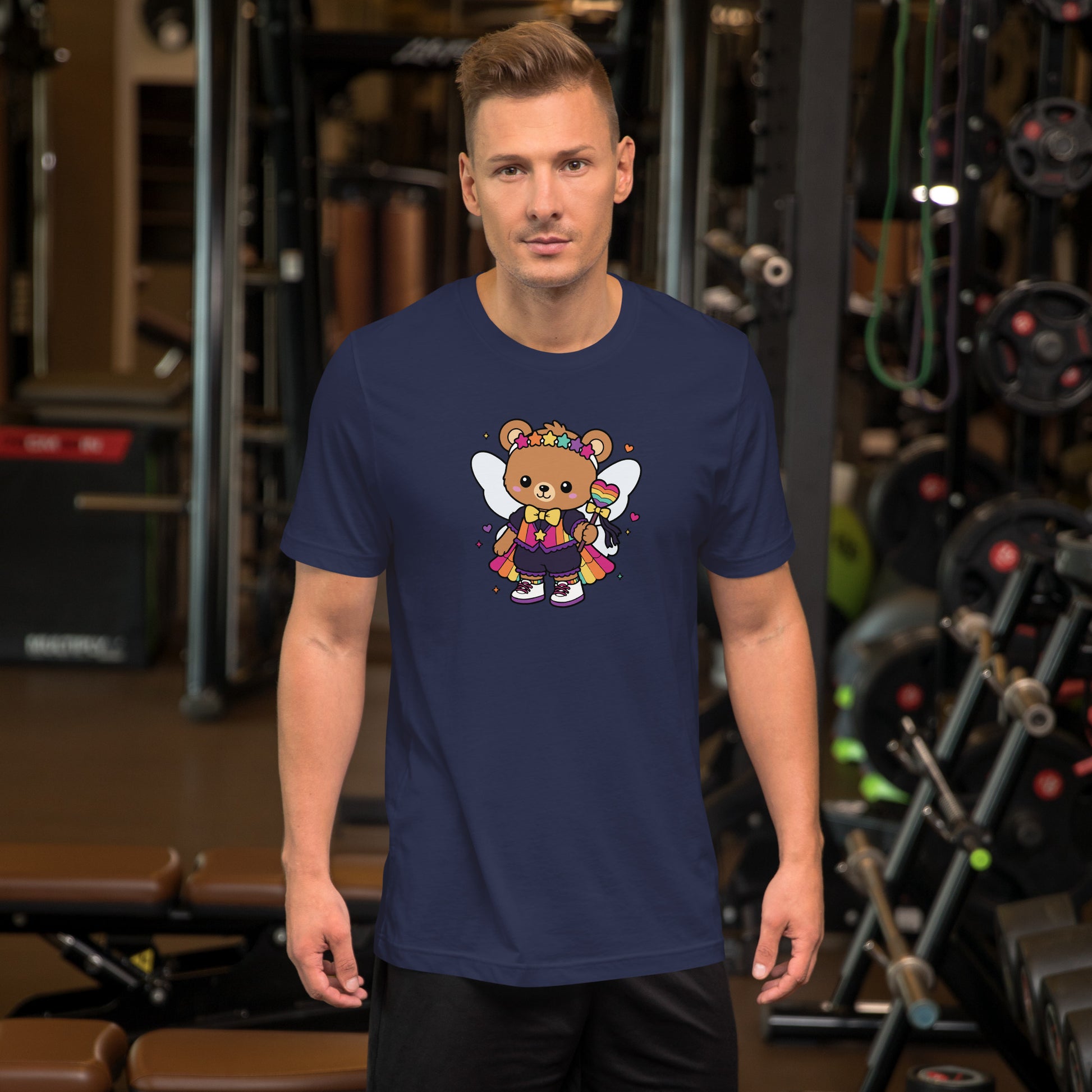 Rainbow Fairy Bear Pride T-Shirt by Spinsterly Co, navy unisex tee with kawaii fairy bear front graphic