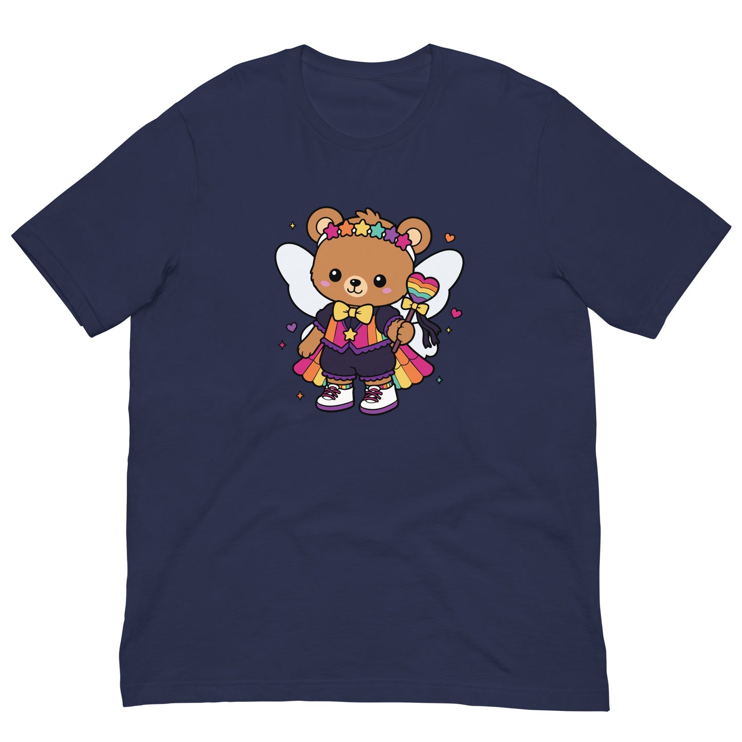 Rainbow Fairy Bear Pride T-Shirt by Spinsterly Co, navy unisex graphic tee with kawaii fairy bear