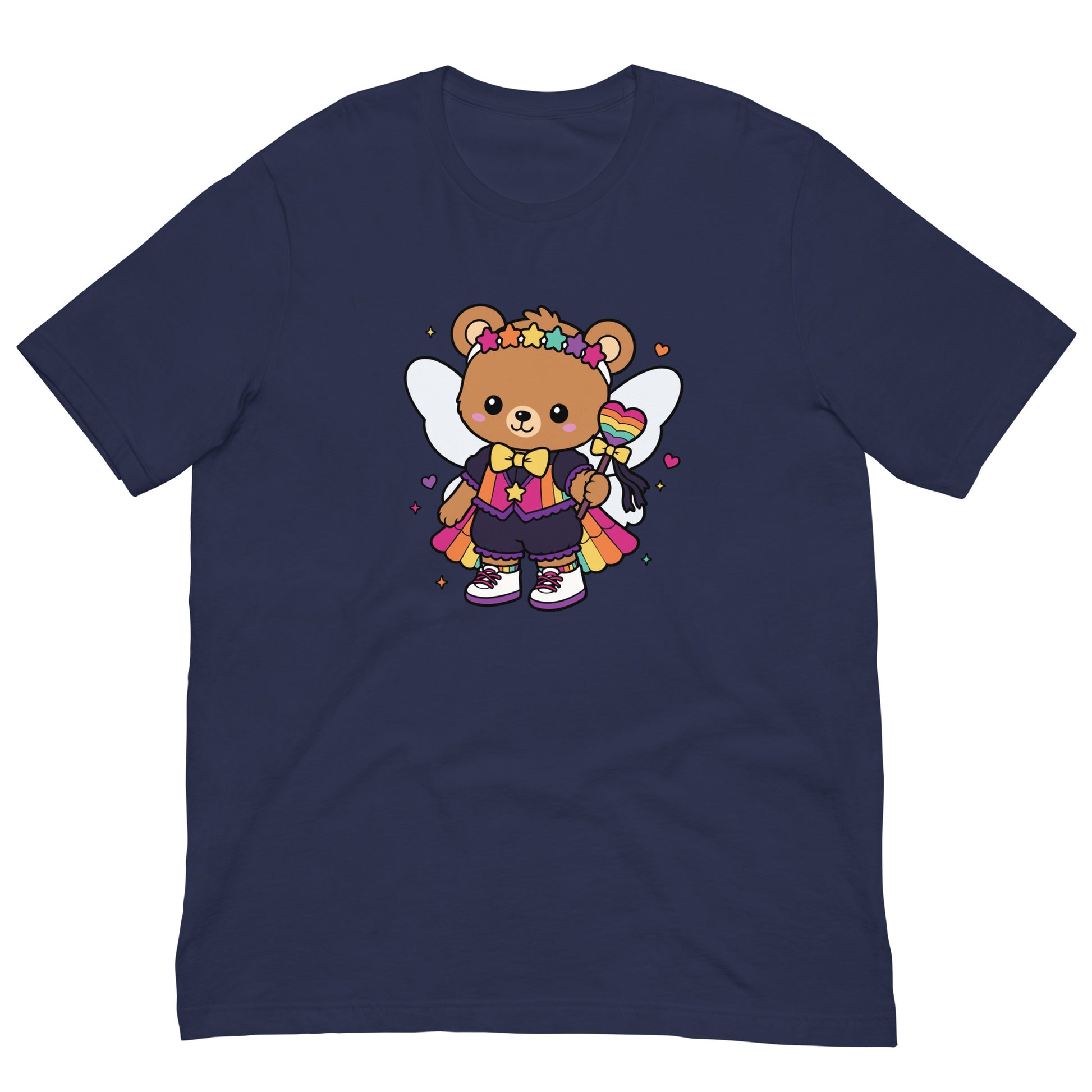 Rainbow Fairy Bear Pride T-Shirt by Spinsterly Co, navy unisex graphic tee with kawaii fairy bear