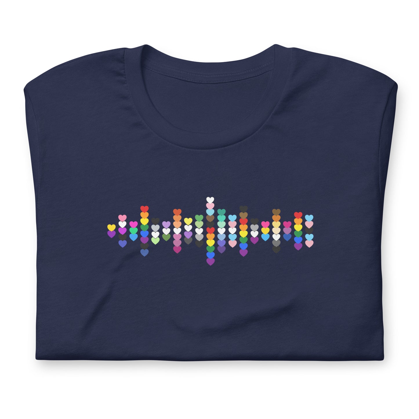 A flat lay folded navy blue t-shirt with a Pride Heart graphic design across the chest.