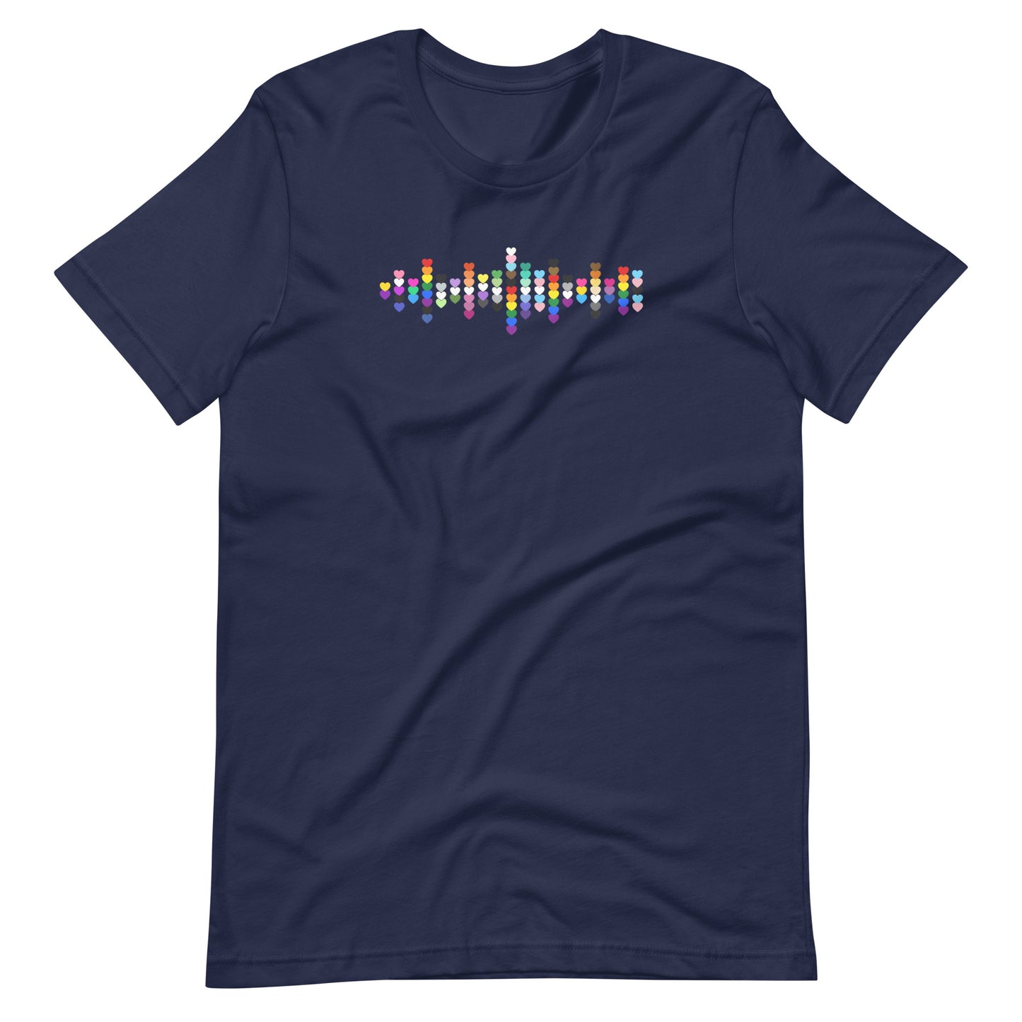 A flat lay navy blue t-shirt with a Pride heart graphic design across the chest