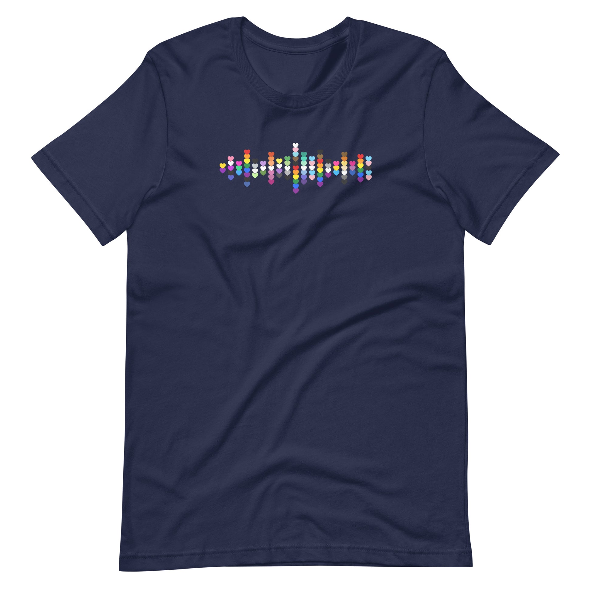 A flat lay navy blue t-shirt with a Pride heart graphic design across the chest