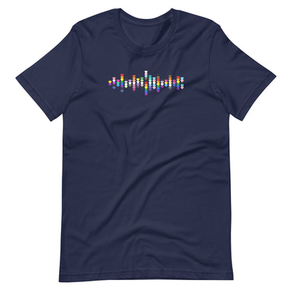 A flat lay navy blue t-shirt with a Pride heart graphic design across the chest