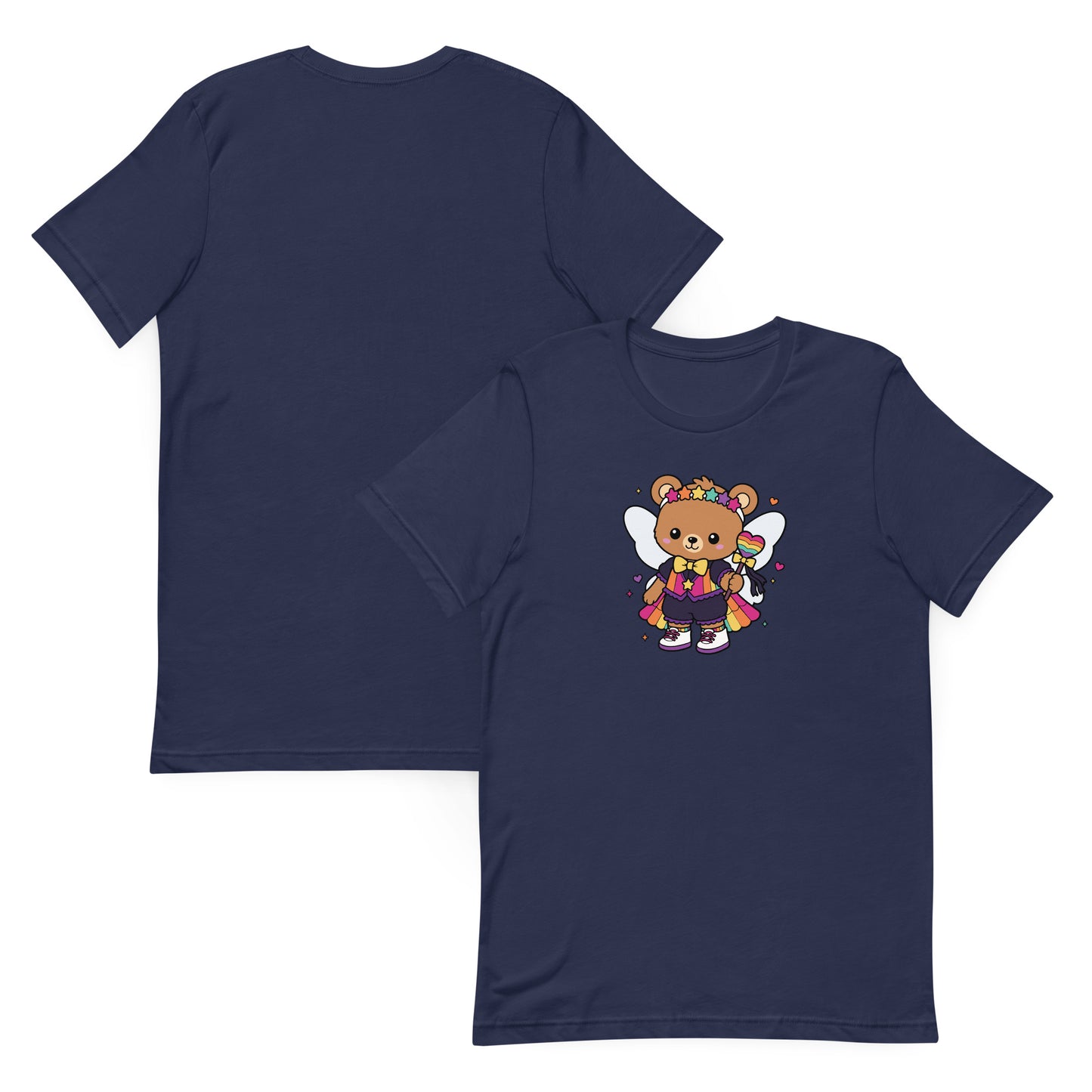Rainbow Fairy Bear Pride T-Shirt by Spinsterly Co in navy with kawaii fairy bear front graphic