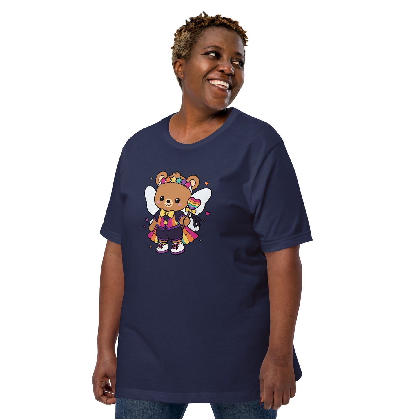 Rainbow Fairy Bear Pride T-Shirt by Spinsterly Co in navy with kawaii fairy bear rainbow graphic
