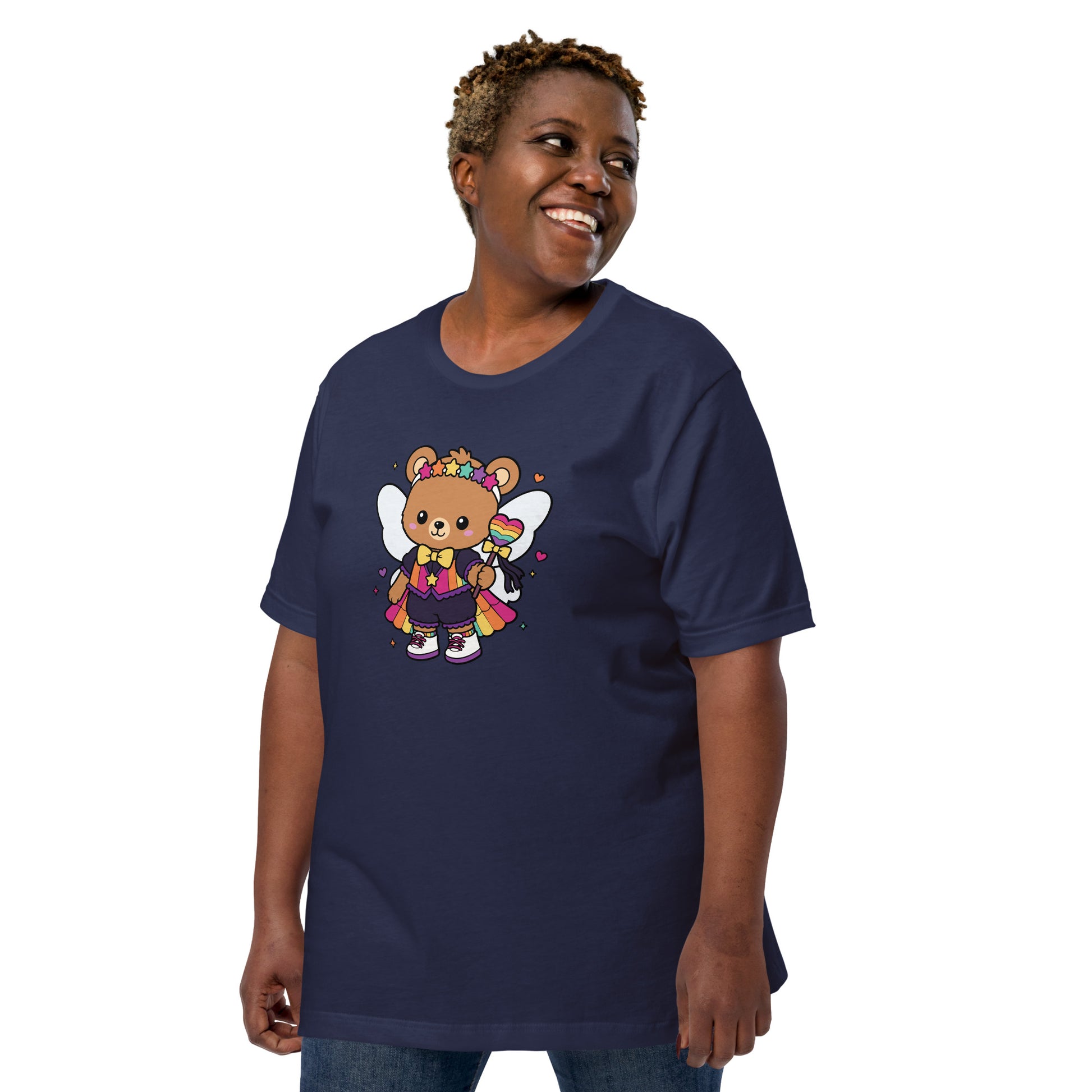 Rainbow Fairy Bear Pride T-Shirt by Spinsterly Co in navy with kawaii fairy bear rainbow graphic