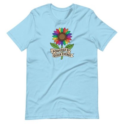 Light blue t-shirt with a colorful sunflower graphic and text on a white background