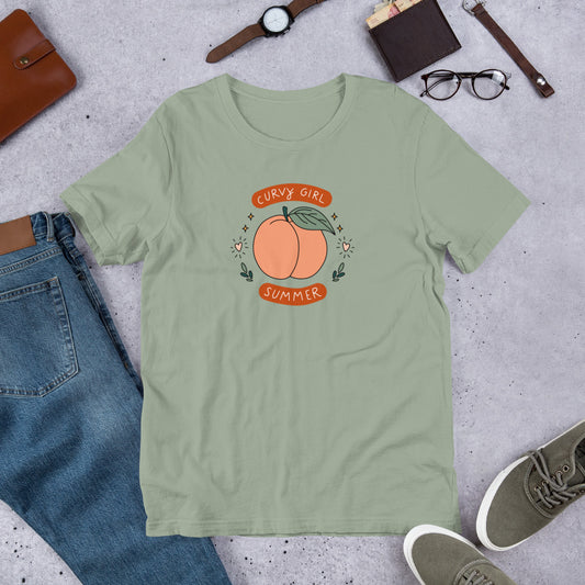 Curvy Girl Summer Unisex T-Shirt by Spinsterly Co in Sage with Curvy Girl Summer peach graphic print