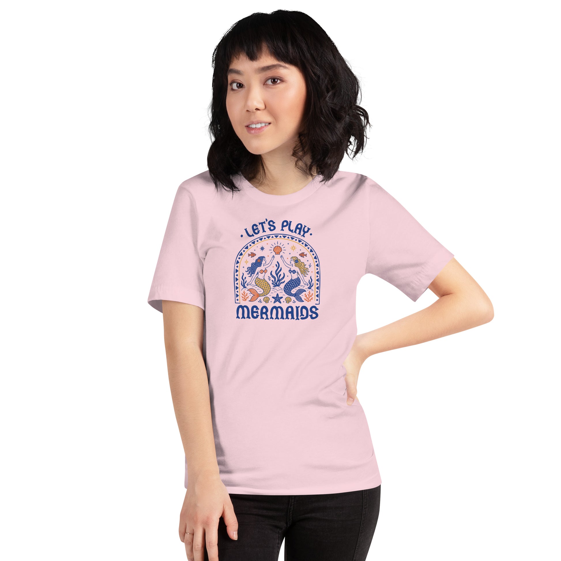 Let's Play Mermaids T-Shirt by Spinsterly Co in Soft Pink with mermaid graphic summer print for beach wear