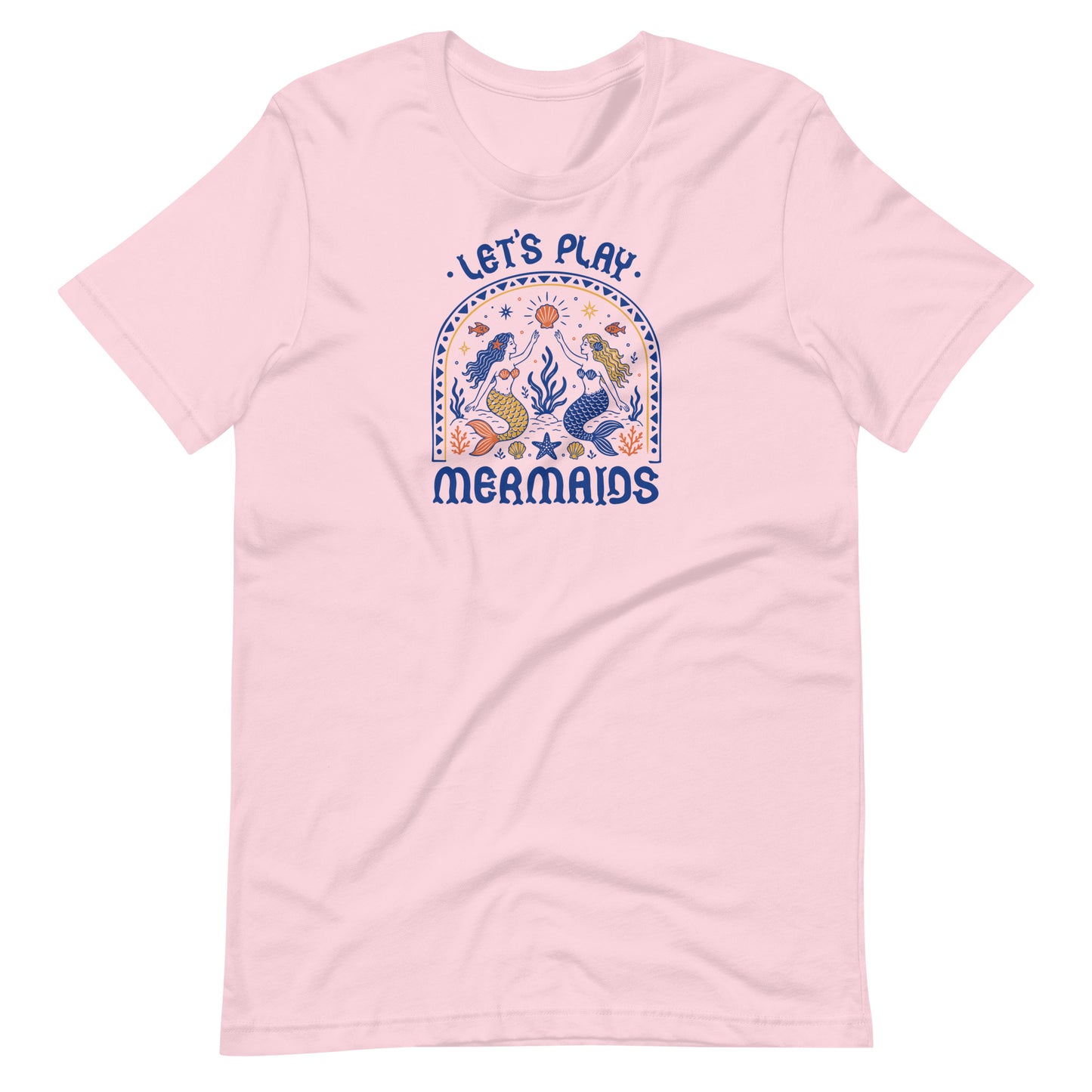 Let's Play Mermaids T-Shirt by Spinsterly Co in Soft Pink with mermaid graphic summer print