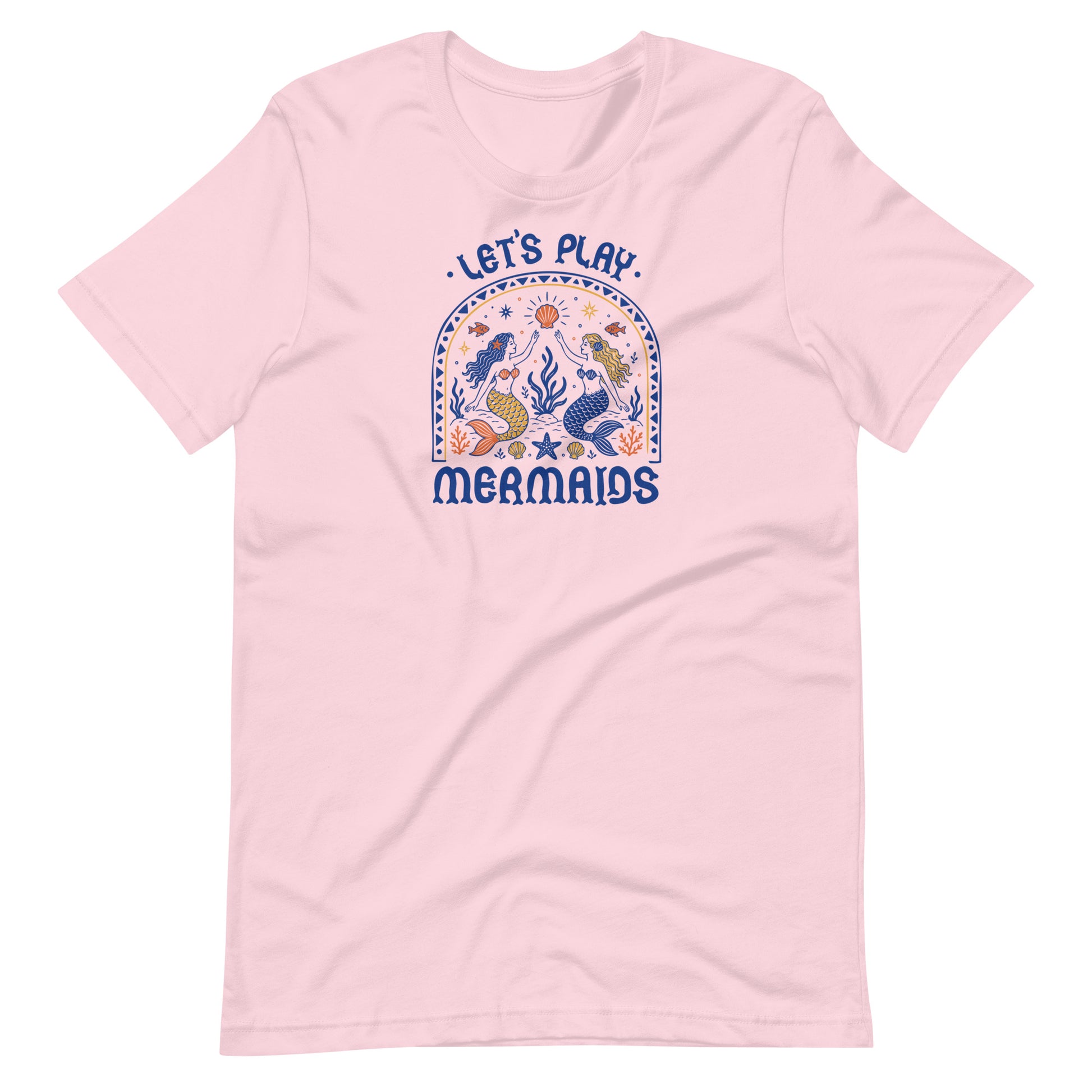 Let's Play Mermaids T-Shirt by Spinsterly Co in Soft Pink with mermaid graphic summer print