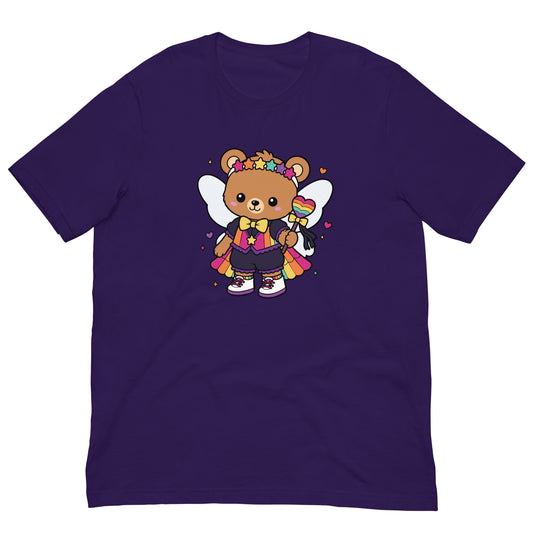 Rainbow Fairy Bear Pride T-Shirt by Spinsterly Co in Team Purple with kawaii fairy bear rainbow graphic