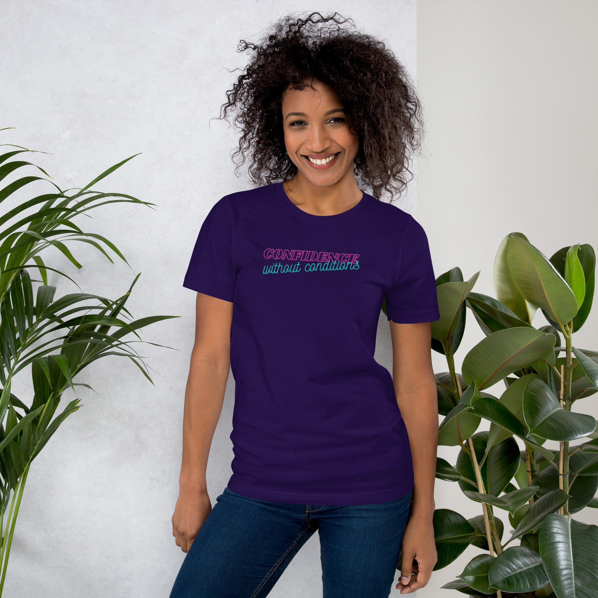 Confidence Without Conditions T-Shirt Spinsterly Co unisex graphic tee Team Purple cotton with printed front text