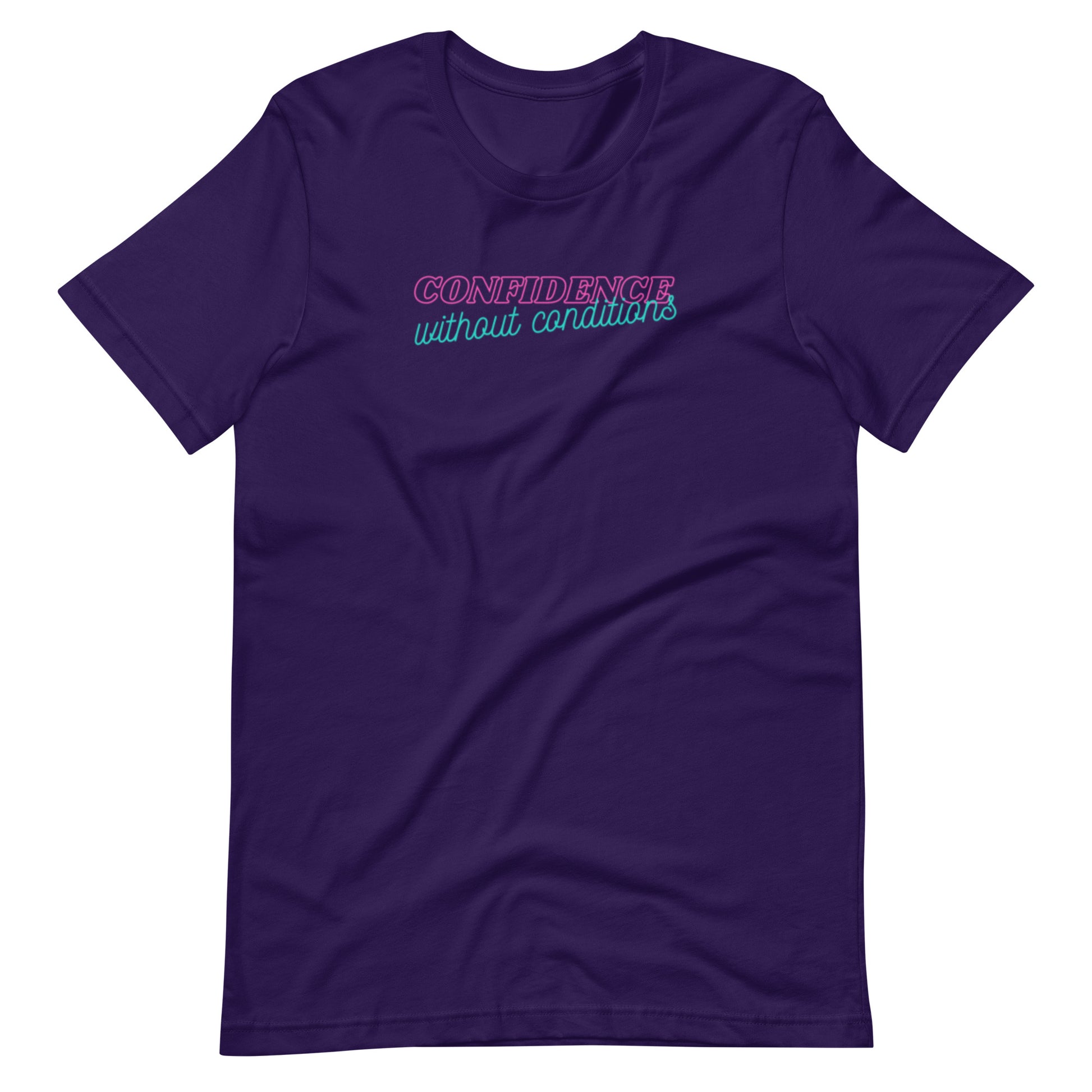 Confidence Without Conditions T-Shirt by Spinsterly Co, Team Purple unisex graphic tee with printed front text