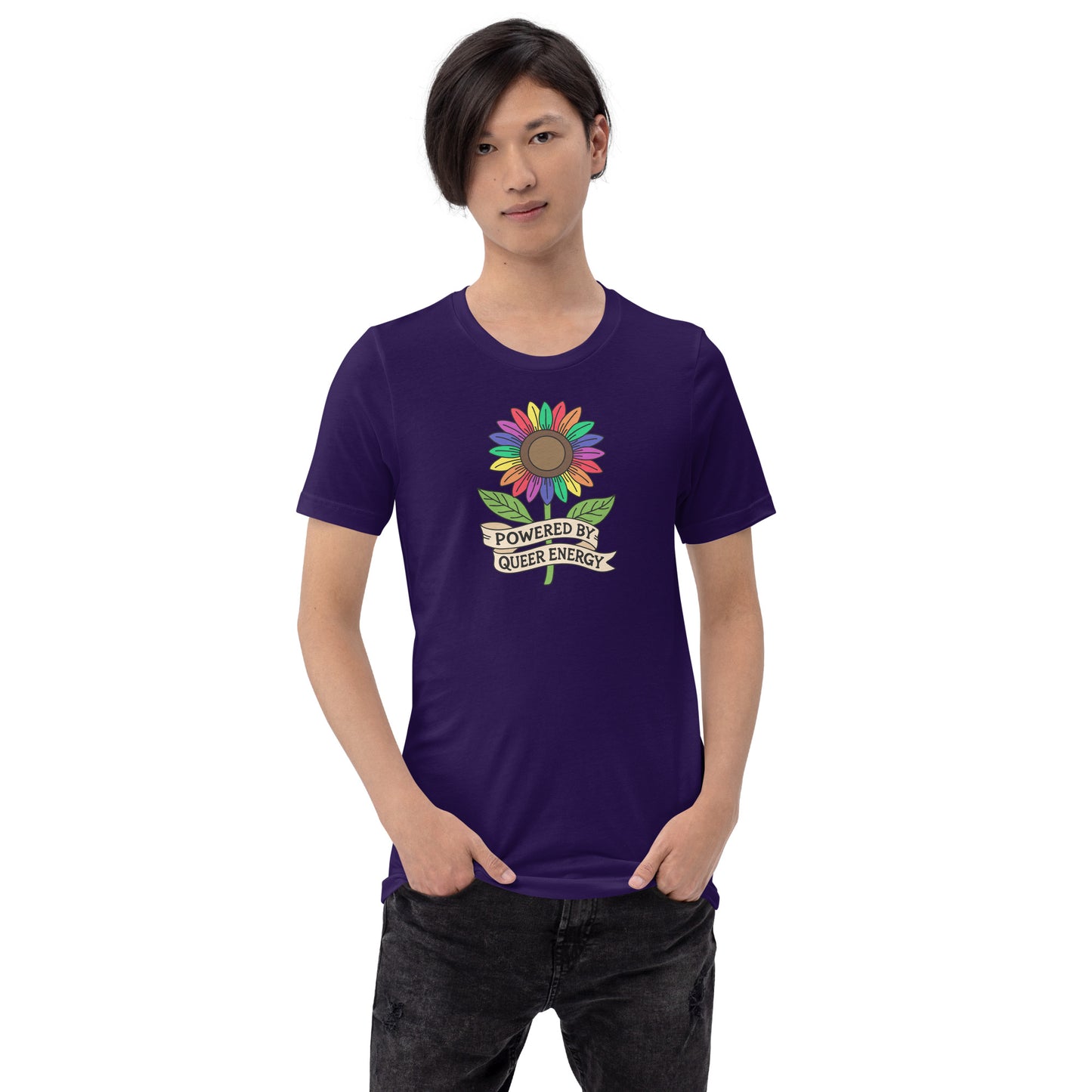 A model wearing a dark blue t-shirt with a colorful rainbow sunflower graphic and the text 'POWERED BY QUEER ENERGY' on the chest, paired with black jeans against a plain white background.