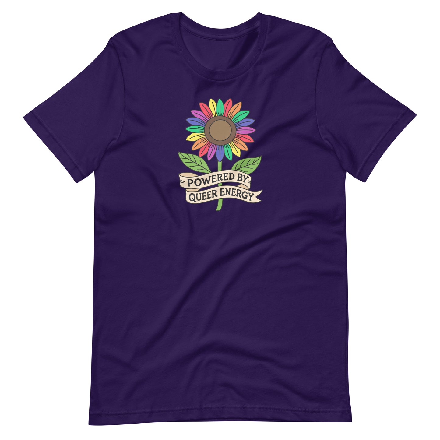 A dark purple short-sleeve t-shirt with a colorful rainbow sunflower graphic on the chest. A banner under the flower reads 'POWERED BY QUEER ENERGY'.