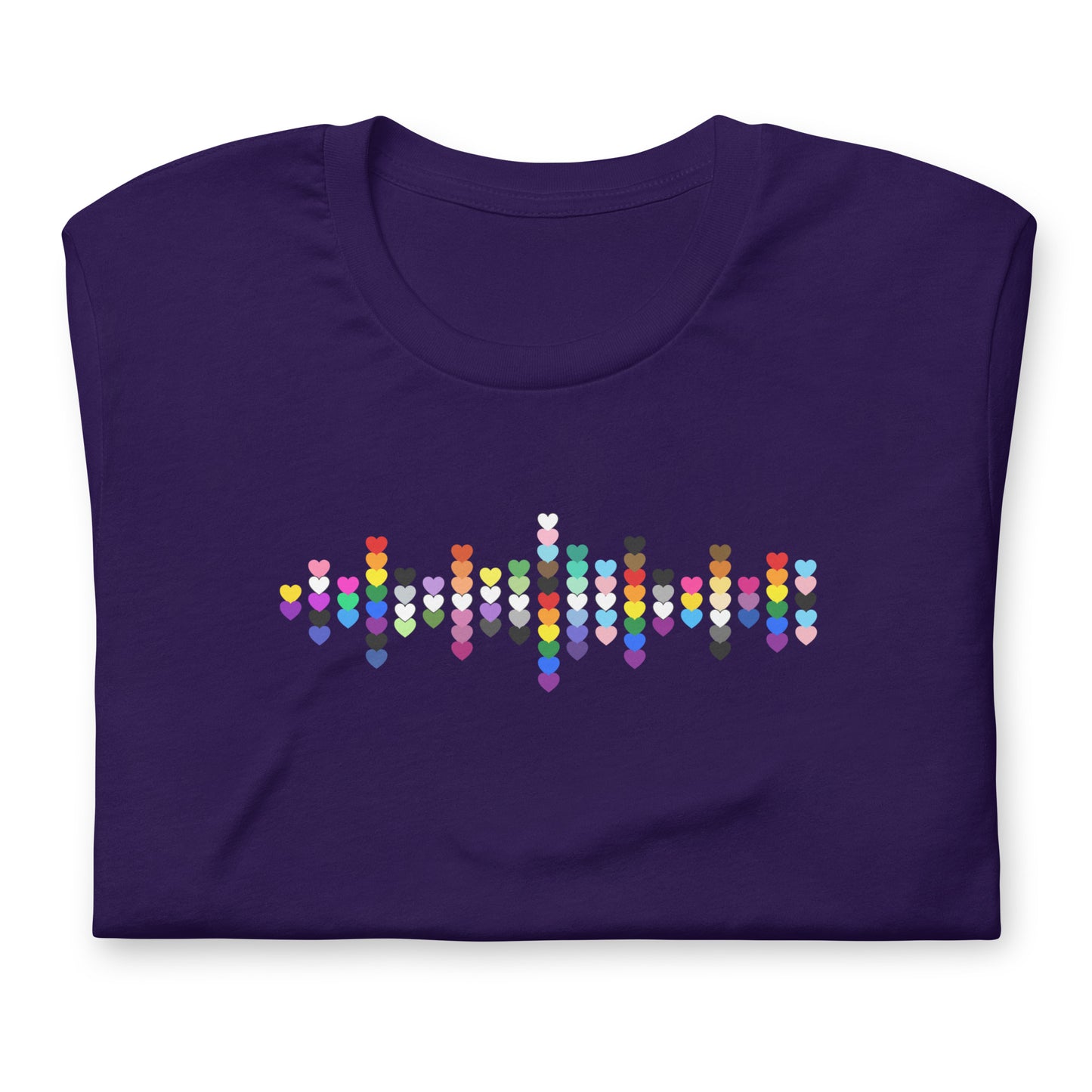 A flat lay folded purple t-shirt with a Pride Heart graphic design across the chest.