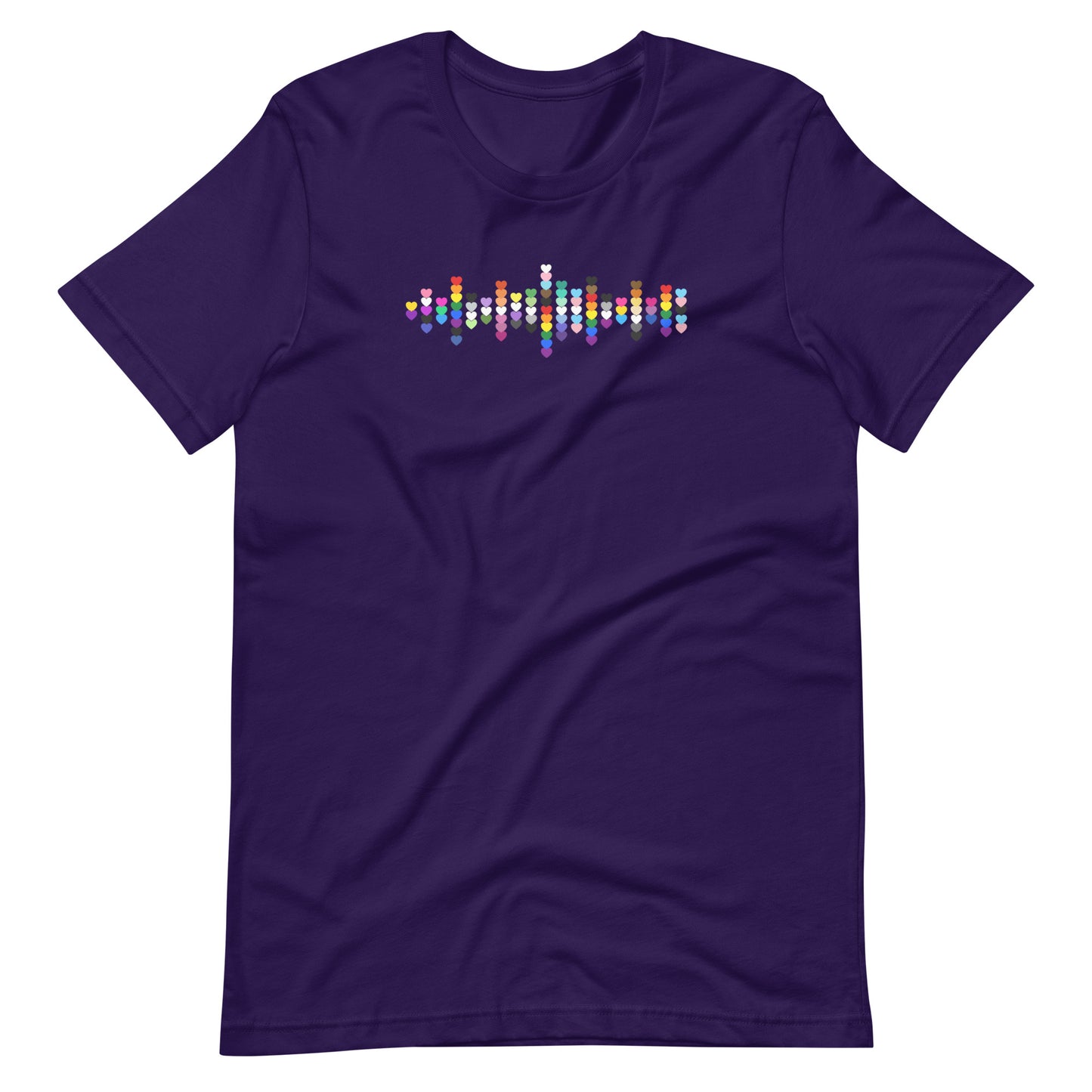 A flat lay purple t-shirt with a Pride heart graphic design across the chest