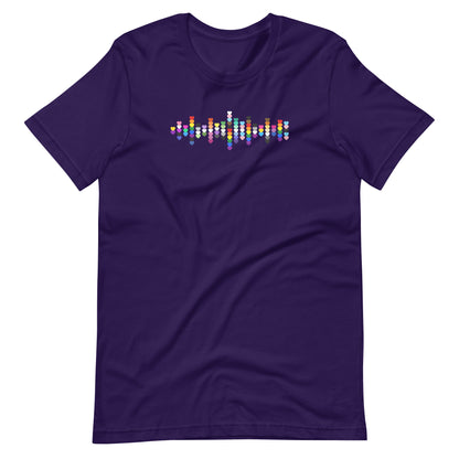 A flat lay purple t-shirt with a Pride heart graphic design across the chest