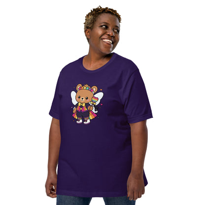 Rainbow Fairy Bear Pride T-Shirt by Spinsterly Co in Team Purple with kawaii rainbow fairy bear graphic