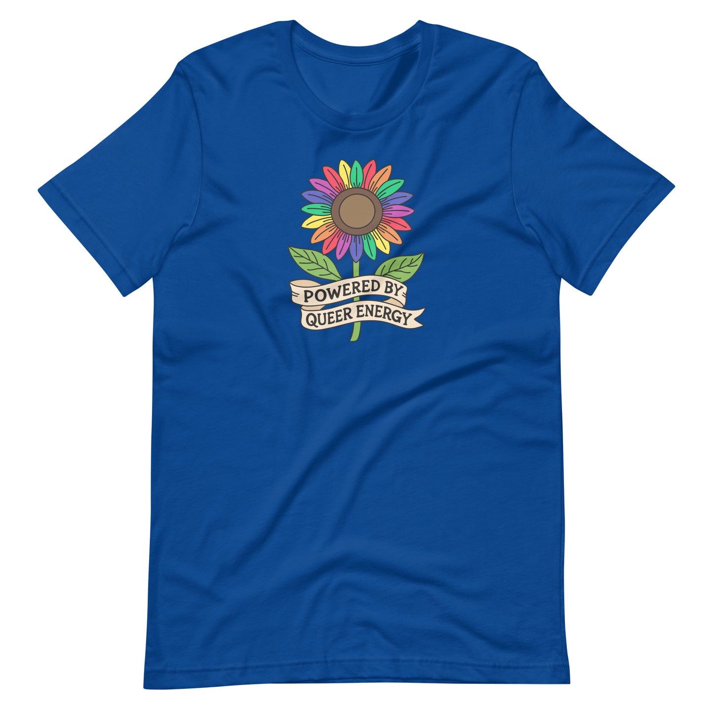 A royal blue short-sleeve crewneck t-shirt featuring a colorful sunflower graphic on the chest with a banner underneath that reads 'POWERED BY QUEER ENERGY'.