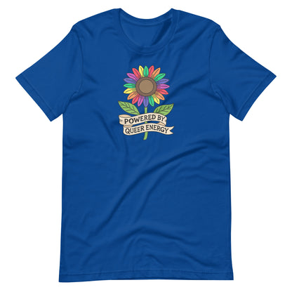 A royal blue short-sleeve crewneck t-shirt featuring a colorful sunflower graphic on the chest with a banner underneath that reads 'POWERED BY QUEER ENERGY'.